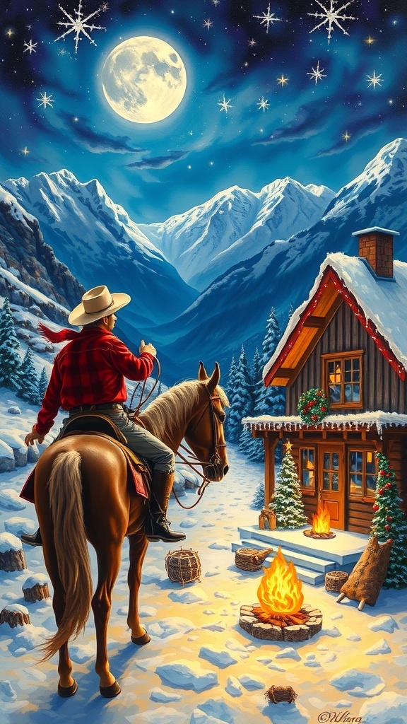 Festive Western Christmas Paintings A Western-themed Christmas painting with a cowboy, snow-covered mountains, and a festive cabin.